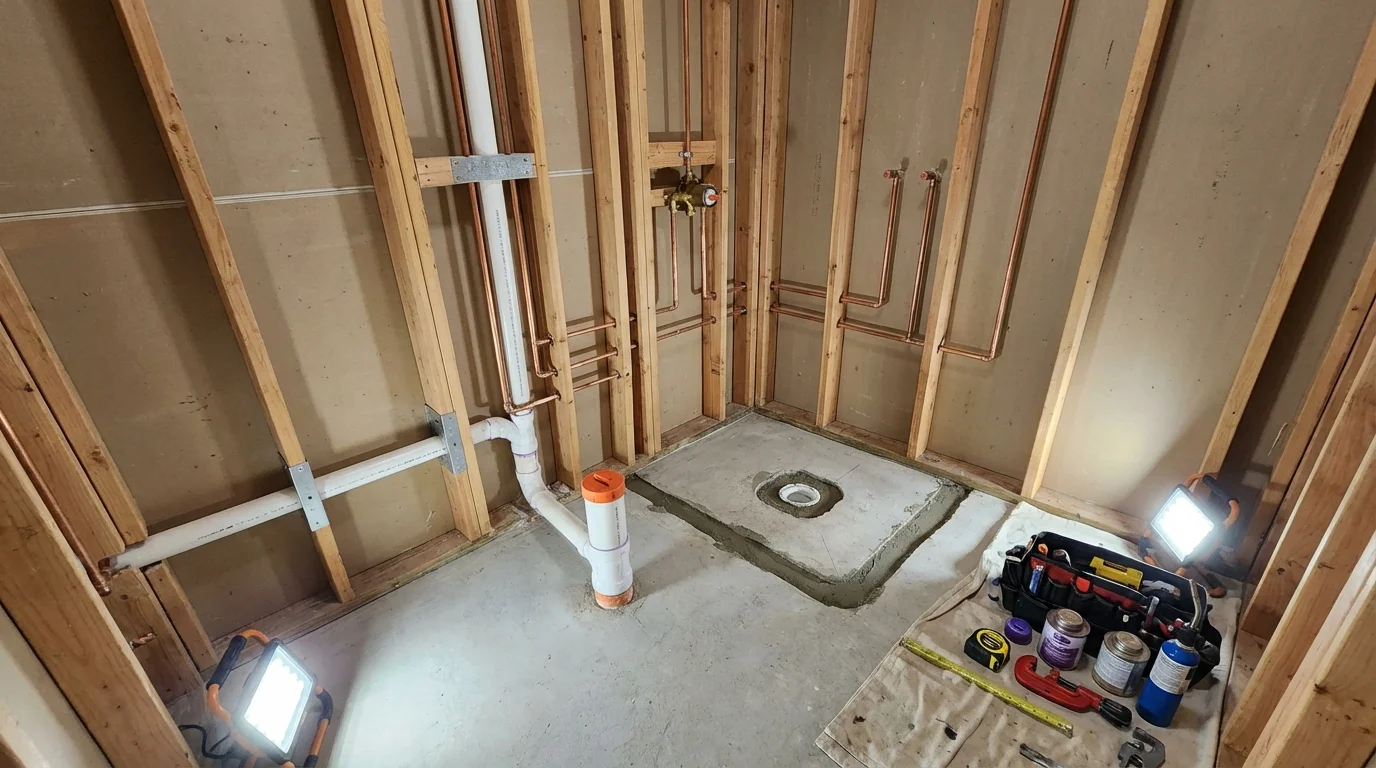 Bathroom rough-in plumbing during remodel by Johns Plumbing LLC in Palmer Lake