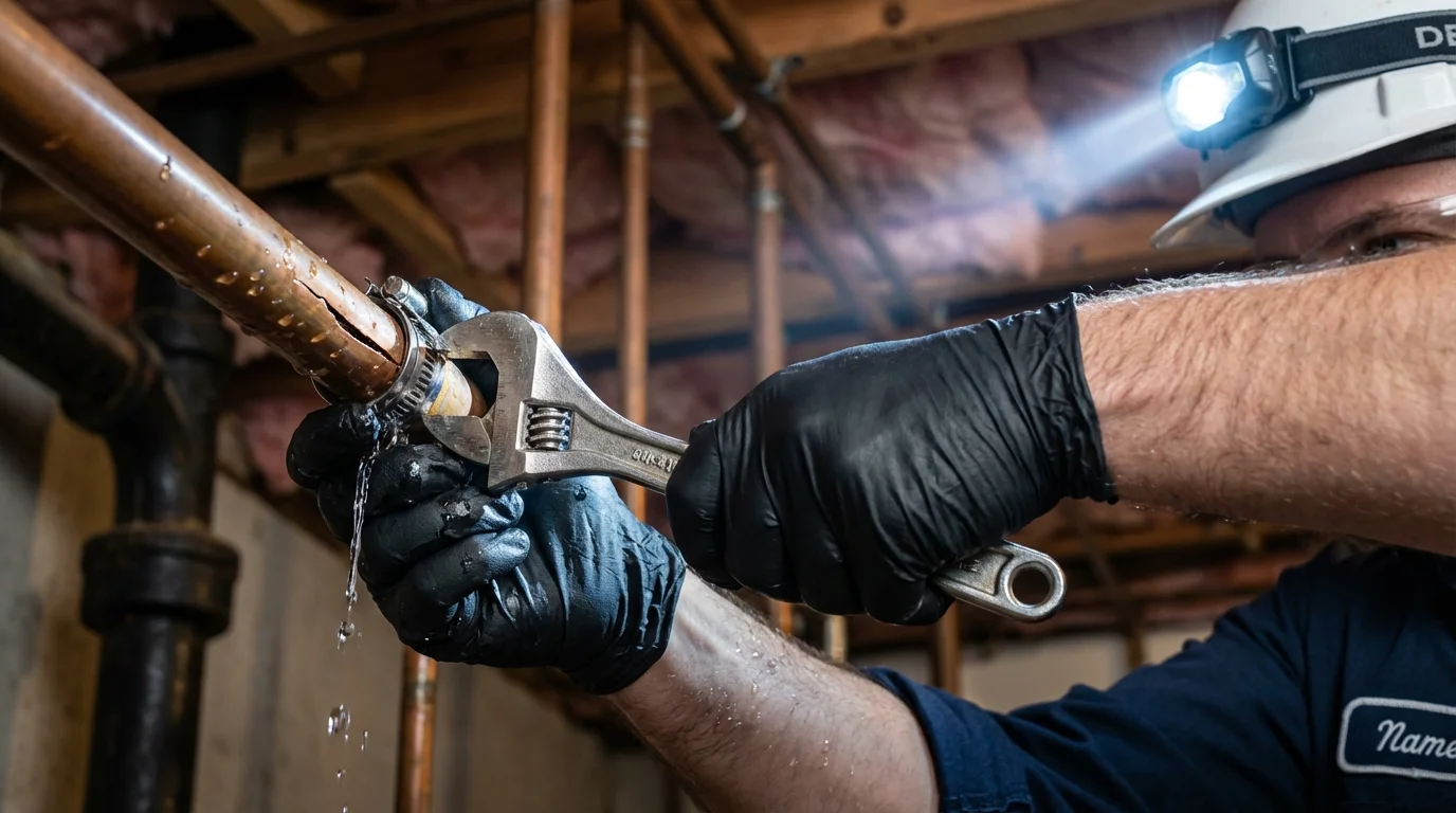 Emergency pipe clamp repair being performed by a Johns Plumbing LLC plumber in Palmer Lake