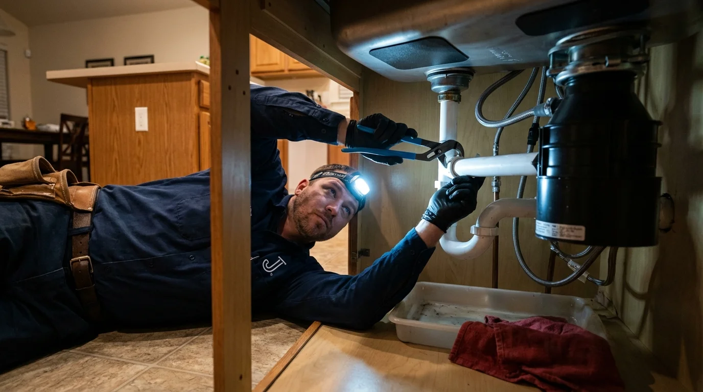 P-trap and supply line connections under a kitchen sink showing a common leak point in Palmer Lake, CO
